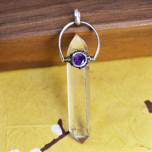 Vintage sterling 925 silver handmade healing crystal pendant with amethyst