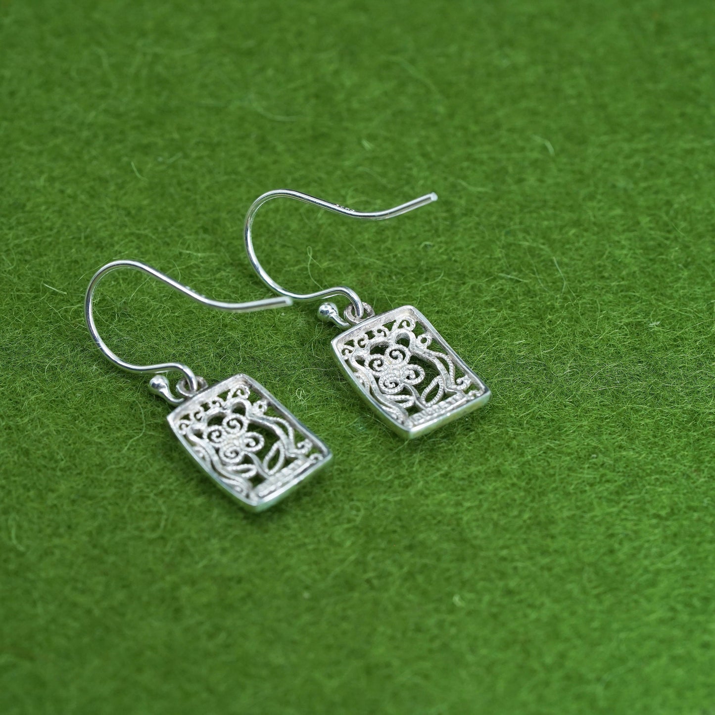 Vintage Sterling silver handmade earrings, 925 filigree rectangular dangles