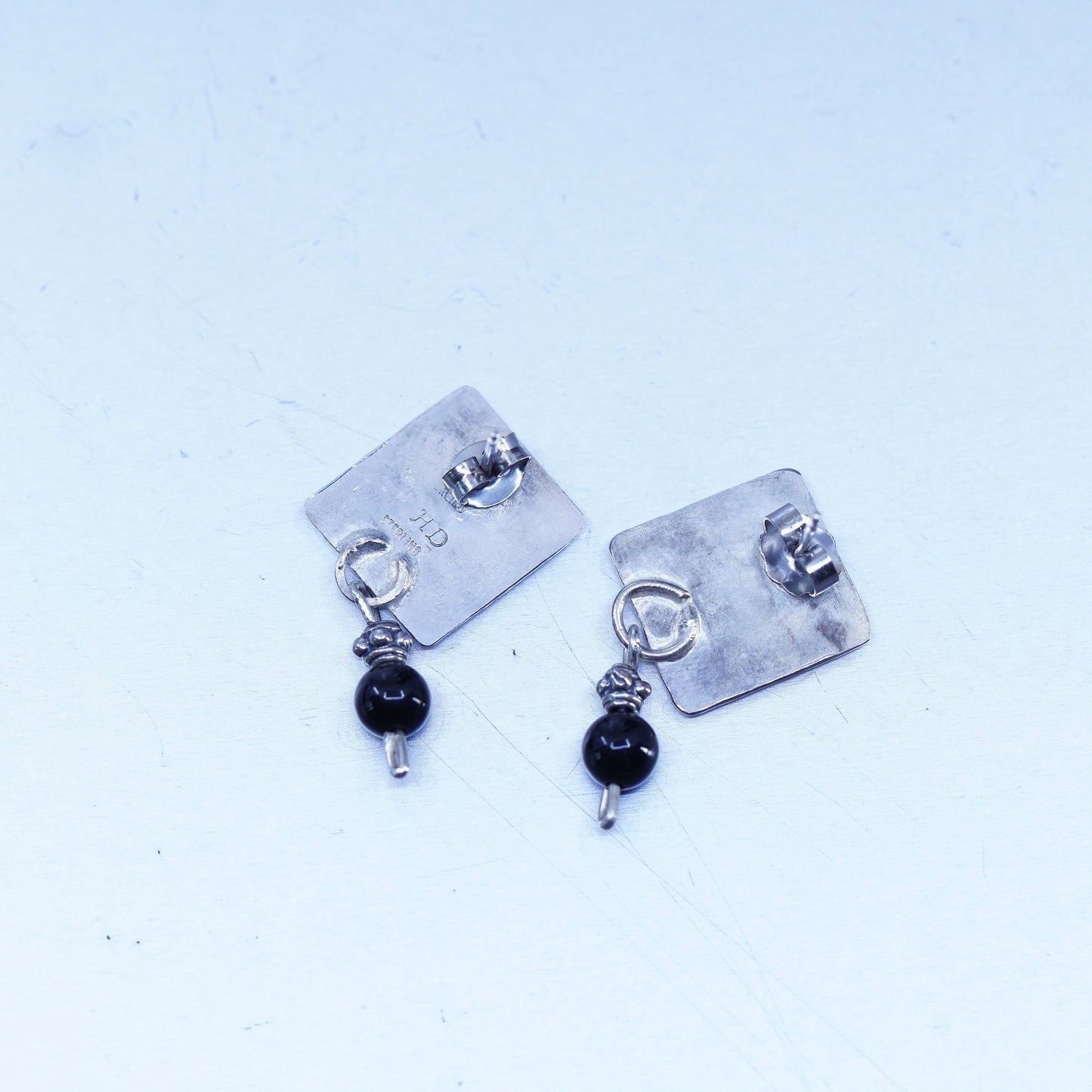 Native American Henry Davis sterling 925 silver square earrings black onyx bead