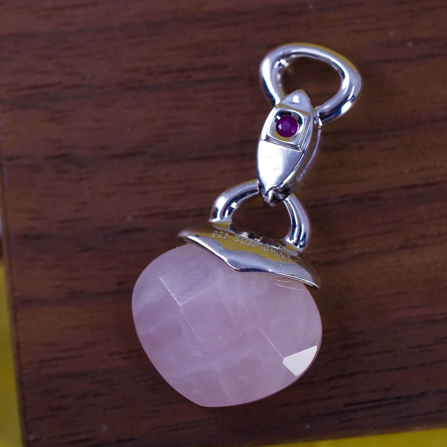 VTG Elle Sterling 925 silver handmade pendant w/ heart pink rose quartz ruby