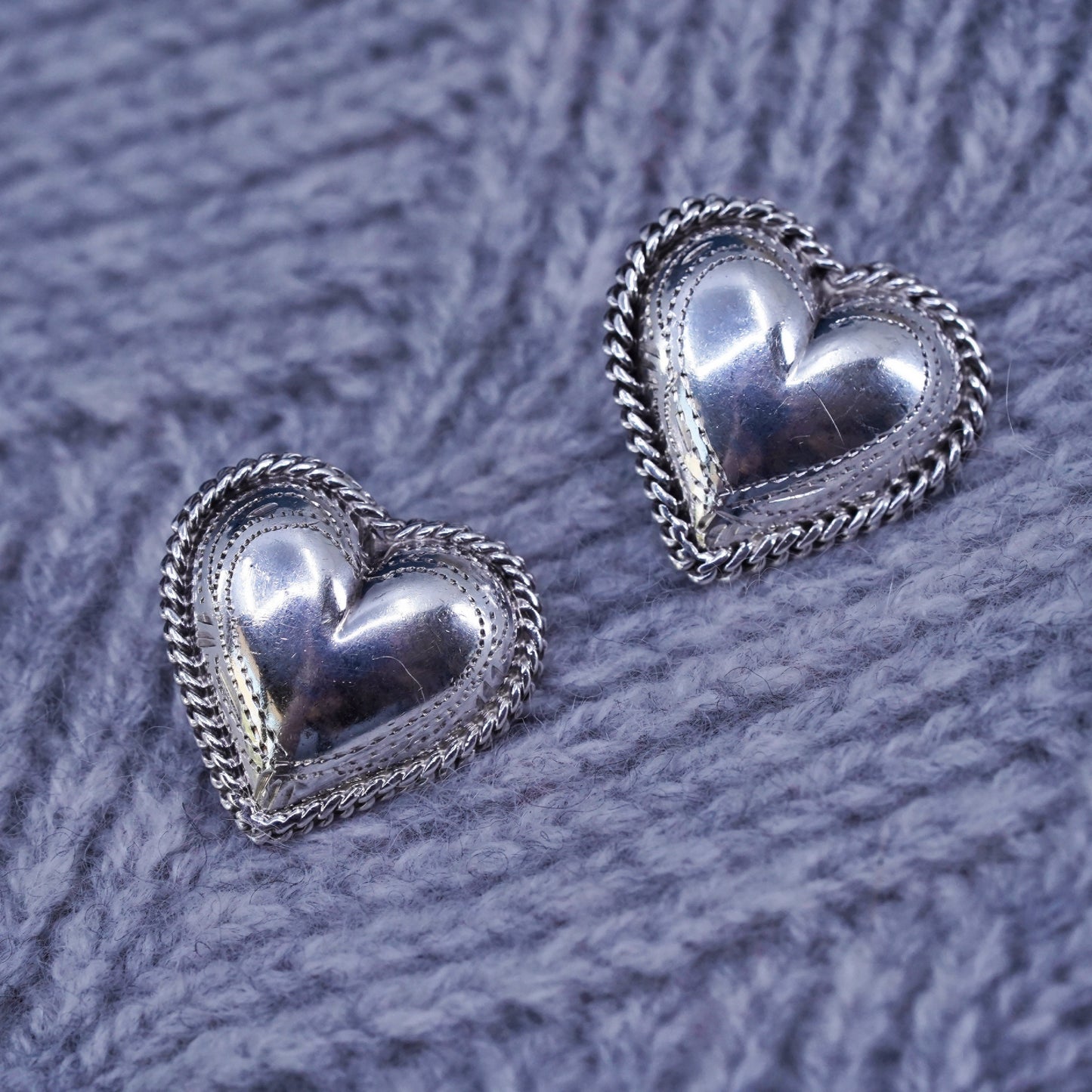 Vintage Sterling silver handmade earrings, textured 925 heart studs