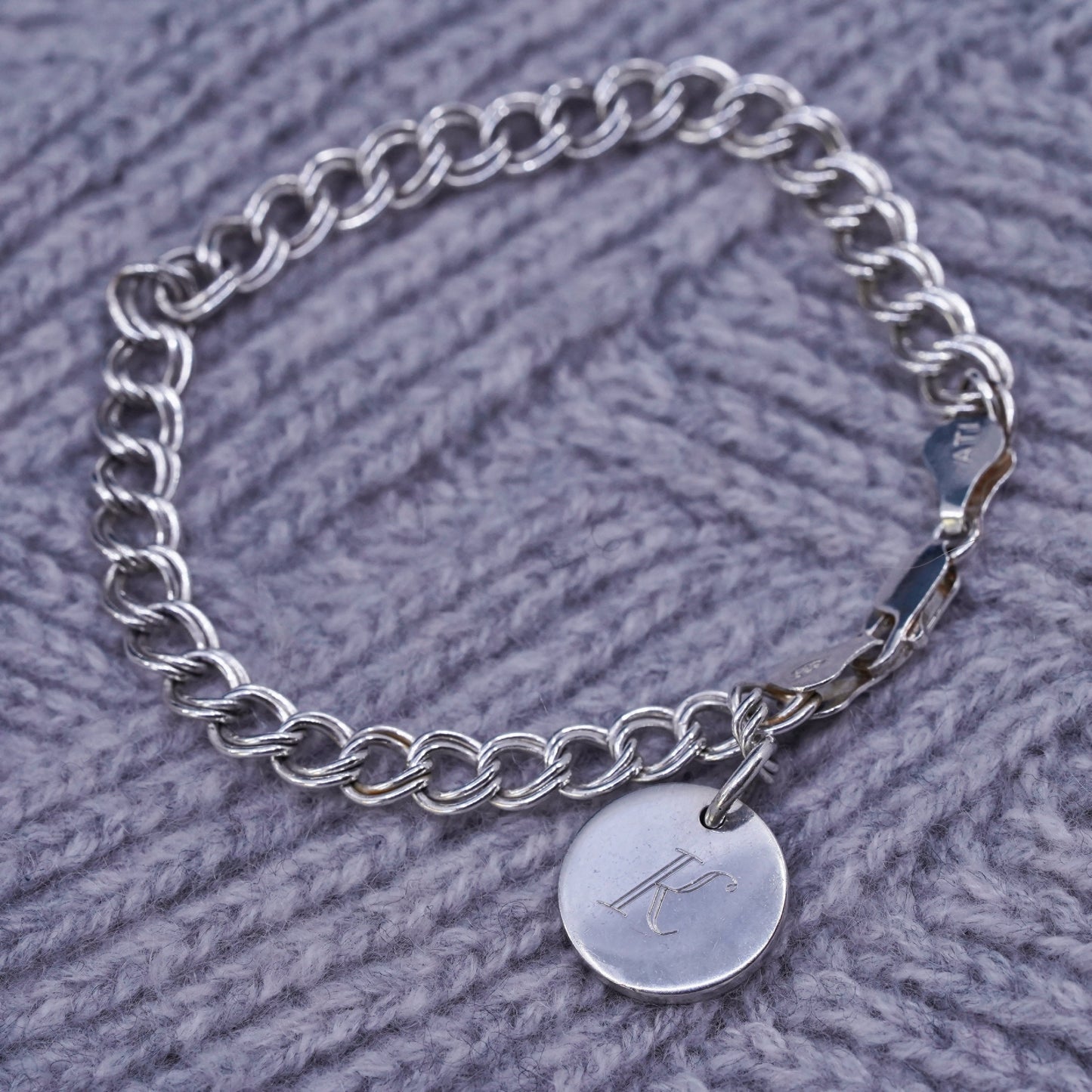 7.25" Sterling silver handmade bracelet, 925 double curb chain circle charm K