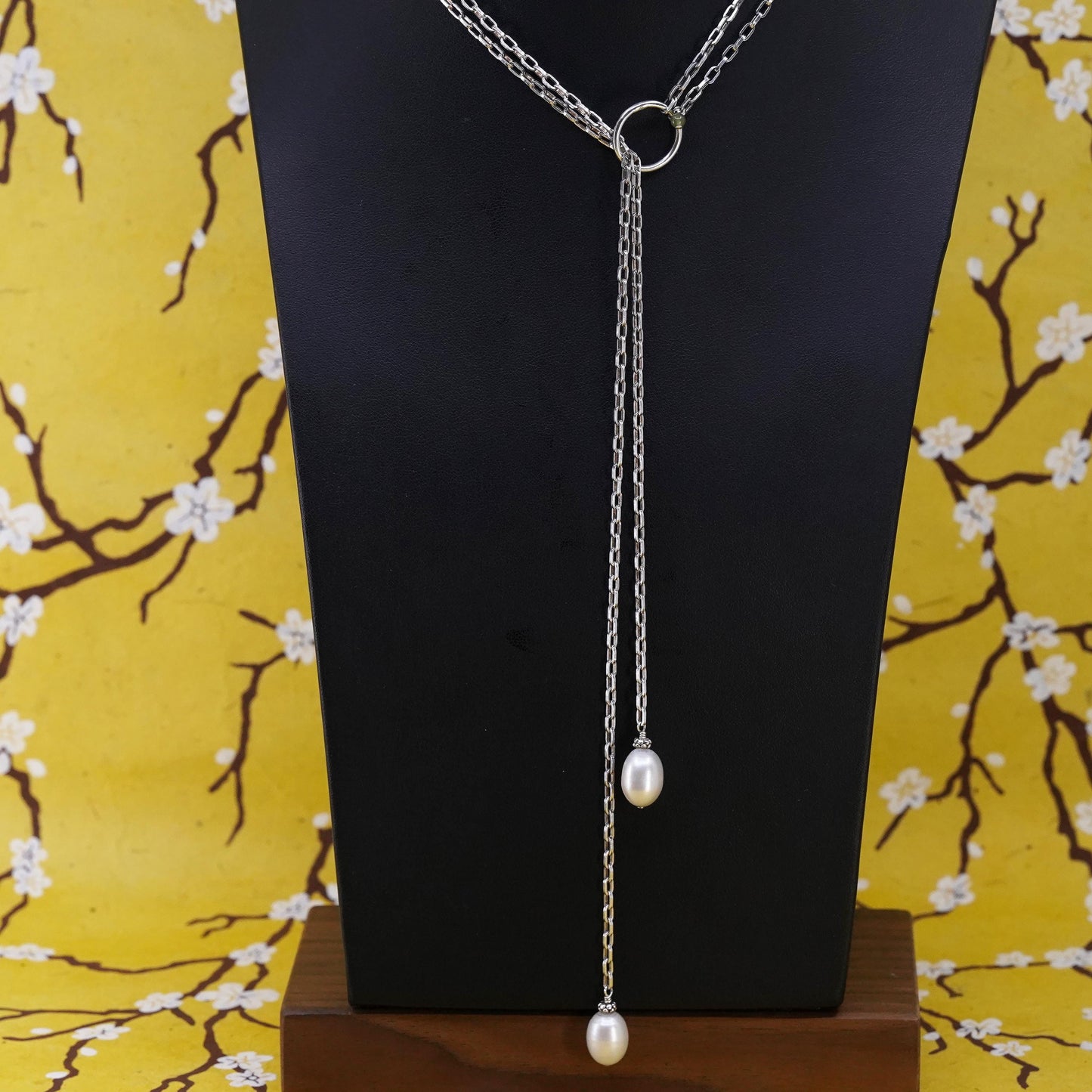 16", VTG Sterling 925 silver double strands oval chain choker necklace pearls