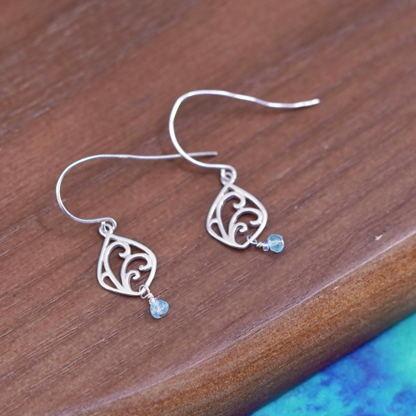 Vintage sterling 925 silver handmade filigree earrings with blue crystal