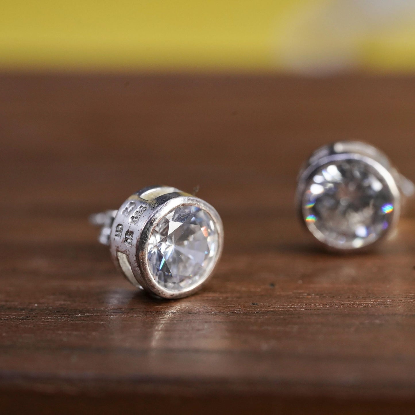 7mm, Vintage Sterling silver clear round crystal studs, cz earrings