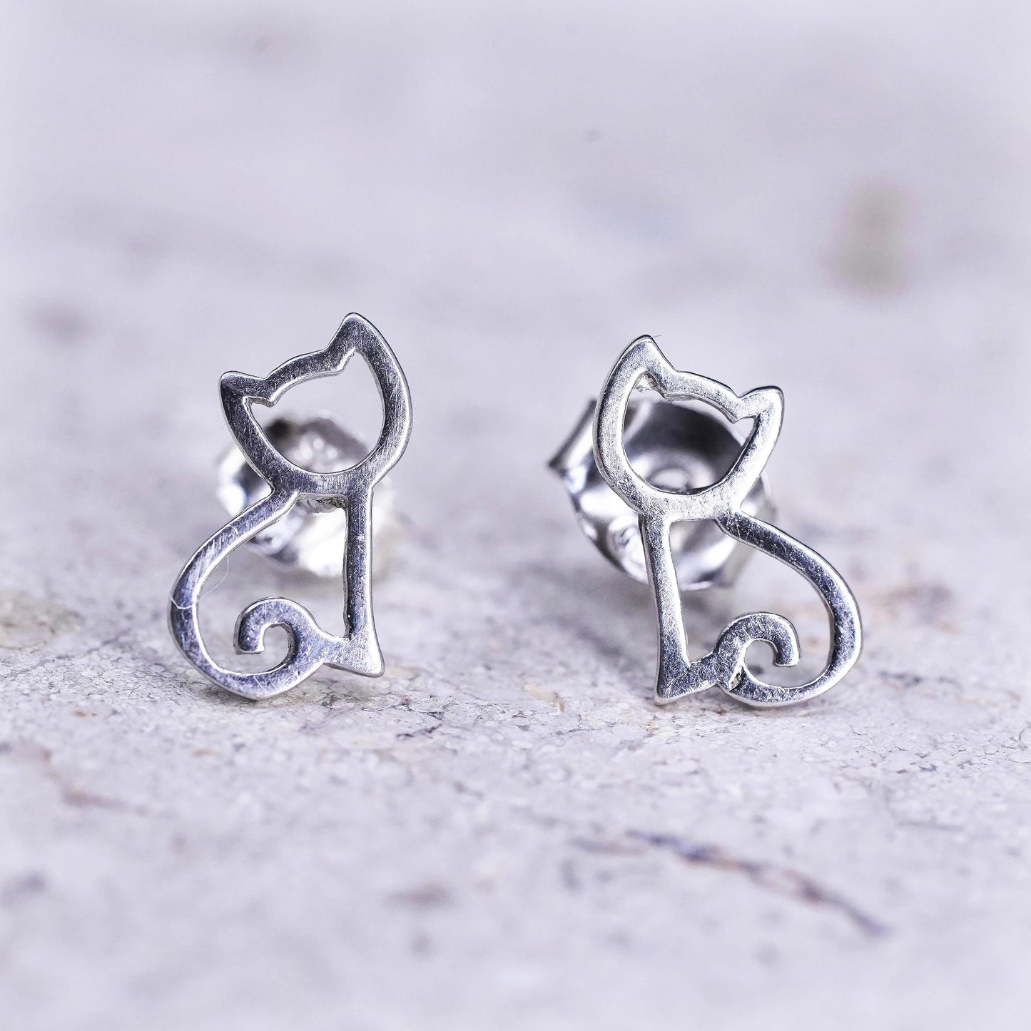 Vintage Sterling silver handmade studs, 925 cat kitty earrings