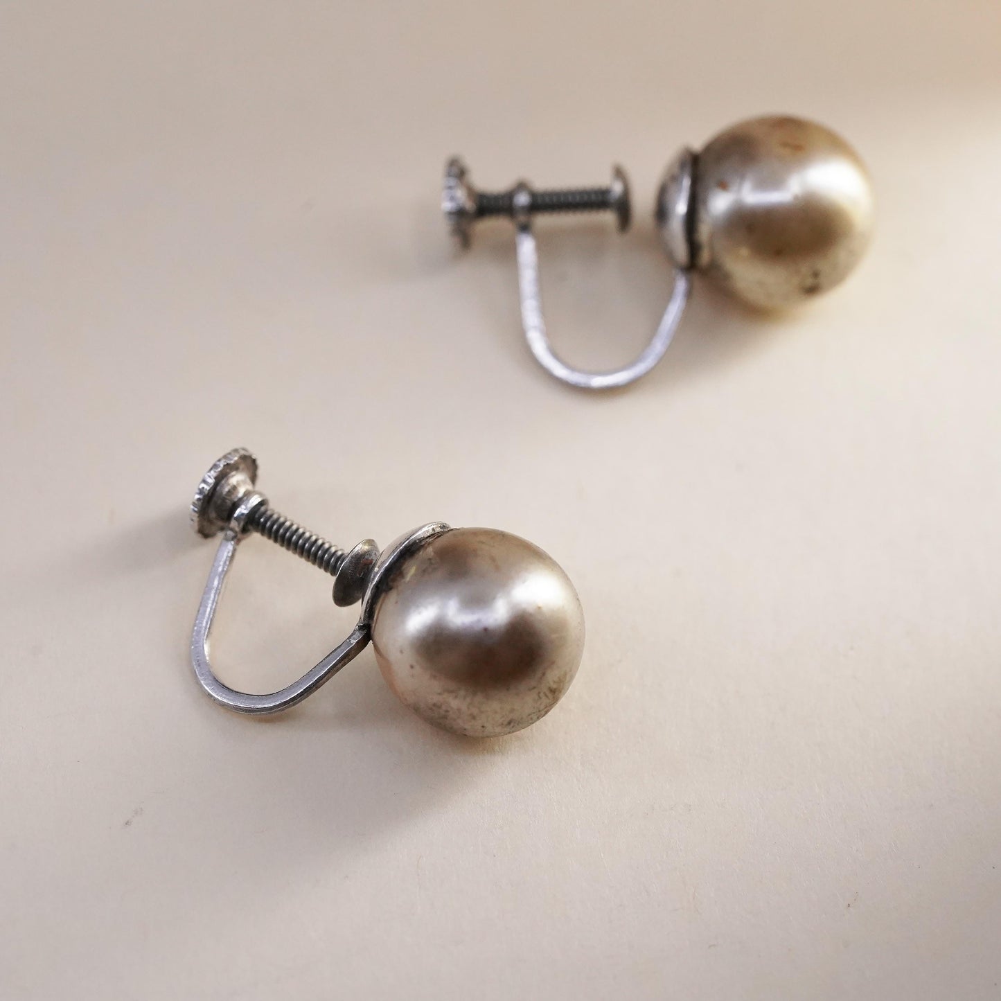 Vintage sterling 925 silver handmade earrings screw back with faux pearl