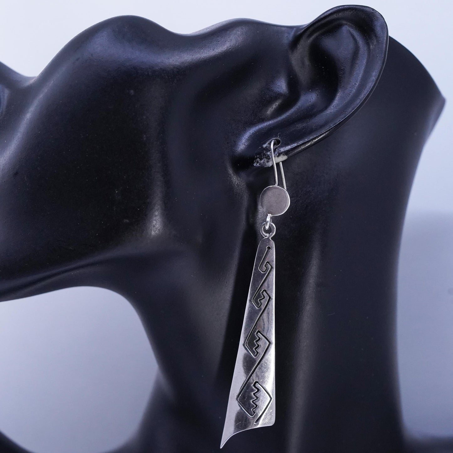 Vintage Mexican Sterling 925 silver handmade long earrings w/ Greek key cut out