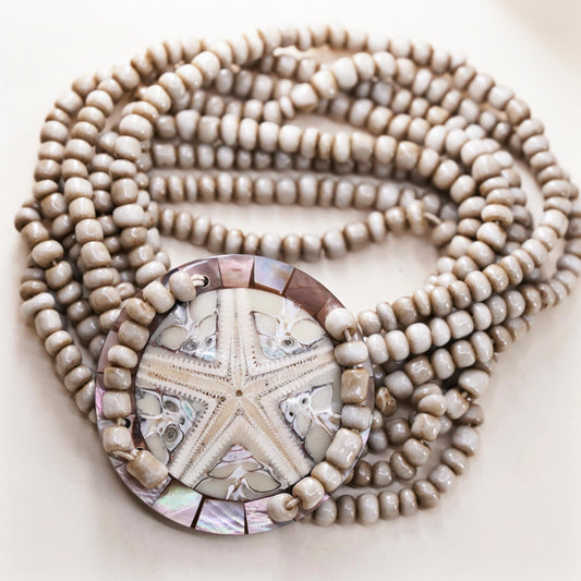 8", Vintage stretchy band, multi strands bead bracelet fossilized sand dollar