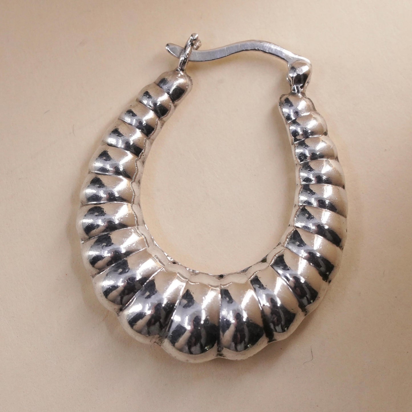 1.25", Vintage sterling silver loop single earring, ribbed primitive hoop