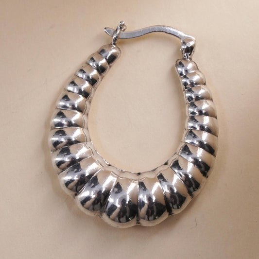 1.25", Vintage sterling silver loop single earring, ribbed primitive hoop