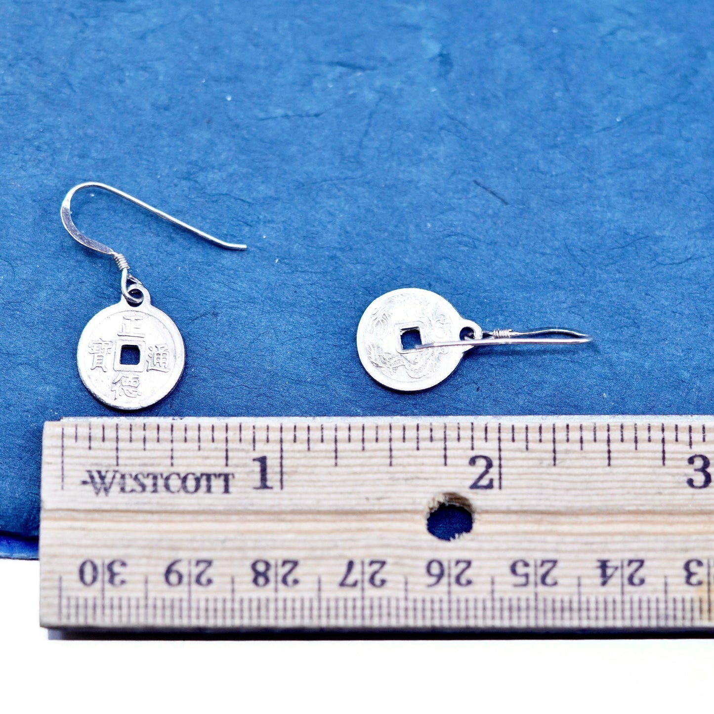 mexico Sterling Silver handmade Earrings. 925 ancient Chinese coin disc dangles