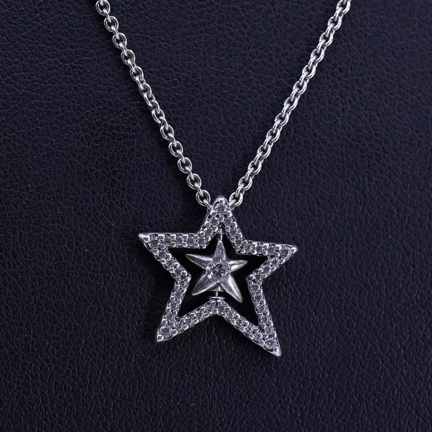 18”, VTG Pandora Pavé Asymmetric cz Star Collier Sterling 925 silver Necklace