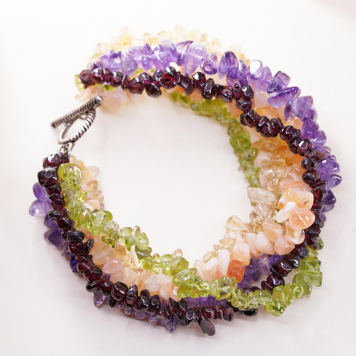 8.5”, multi strands amethyst peridot citrine agate sterling 925 silver bracelet