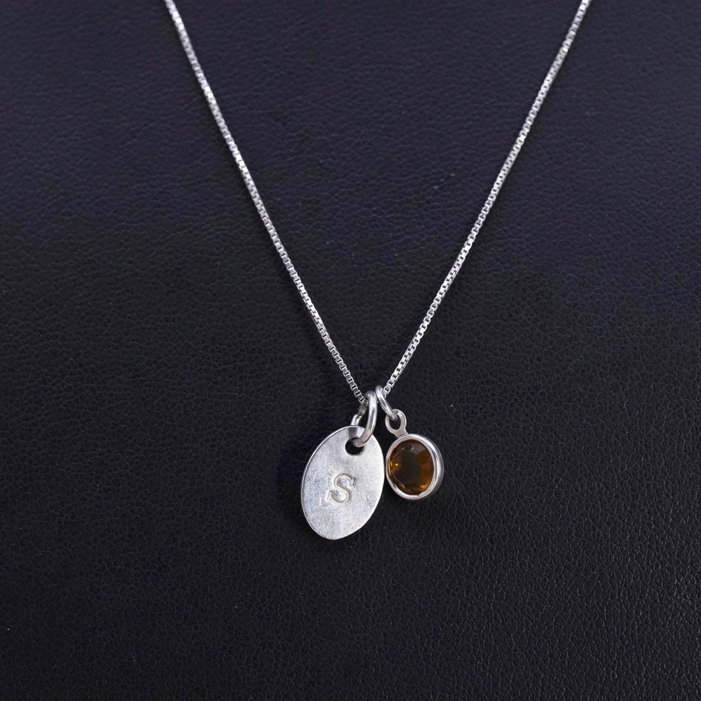 18", Sterling silver necklace, 925 box chain with letter S pendant and citrine