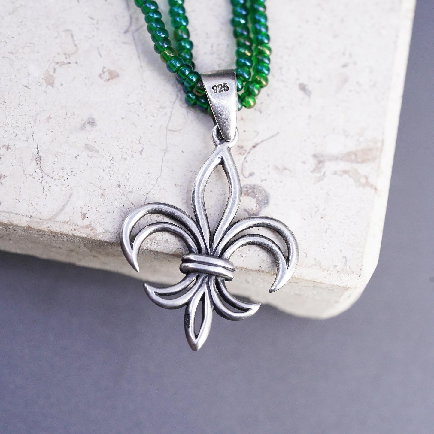 16”, Sterling Silver 925 Fleur de Lis Necklace Beaded Multi Strand 925 French