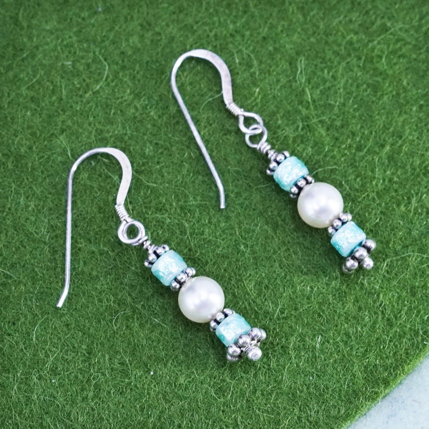 Vintage Sterling silver handmade earrings, 925 hooks with pearl and glass