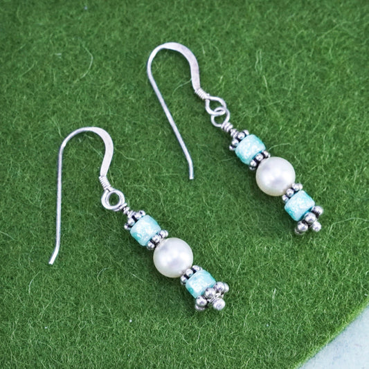 Vintage Sterling silver handmade earrings, 925 hooks with pearl and glass