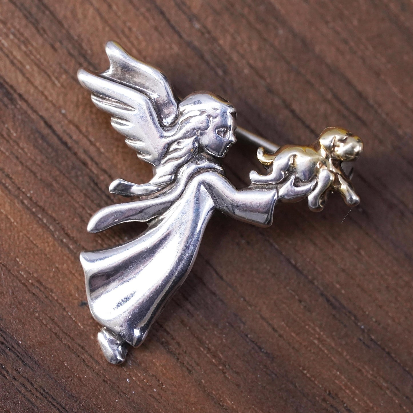 southwestern sterling 925 silver guardian angel brooch 14K yellow gold dog
