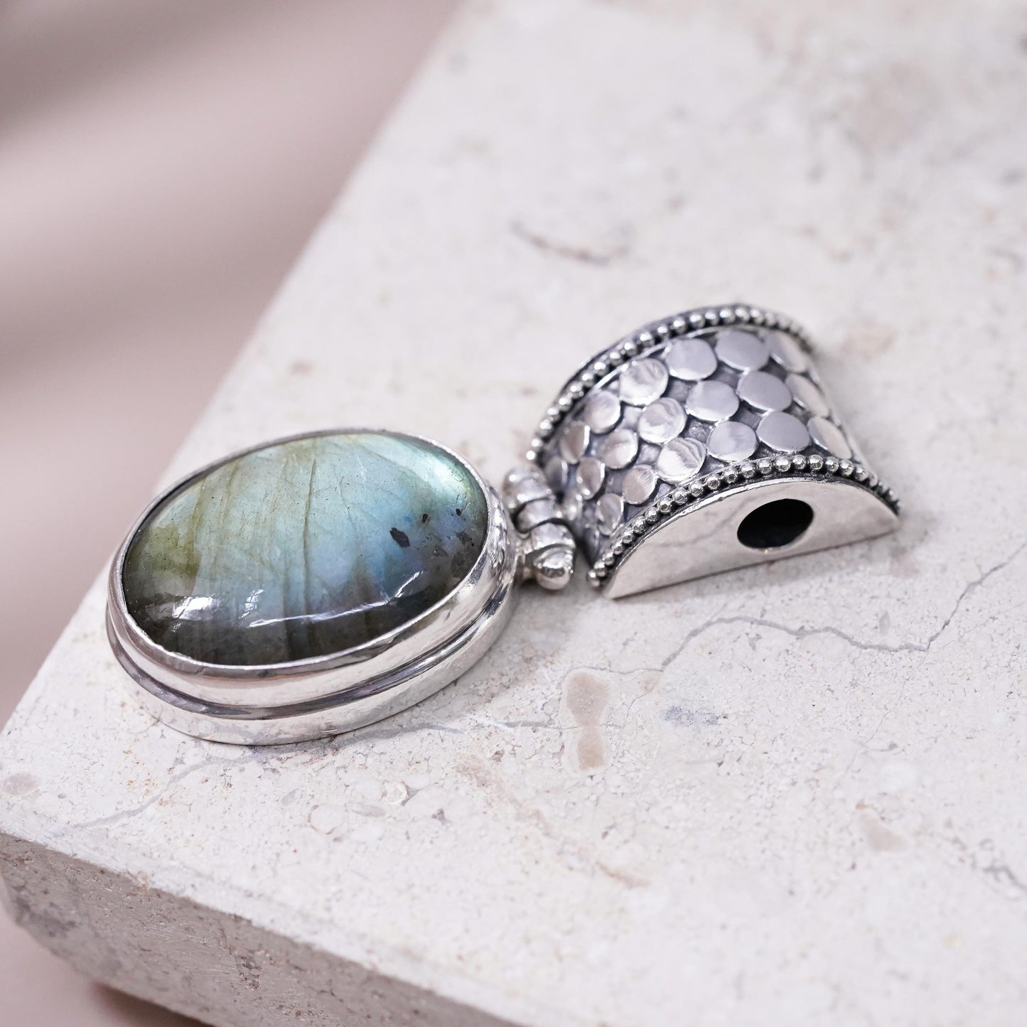 Vintage Sterling silver handmade pendant, 925 bead textured oval labradorite