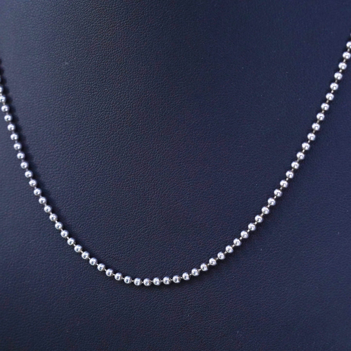 18” 1.6mm, vintage sterling silver necklace, 925 bead chain, stamped 925 Italy