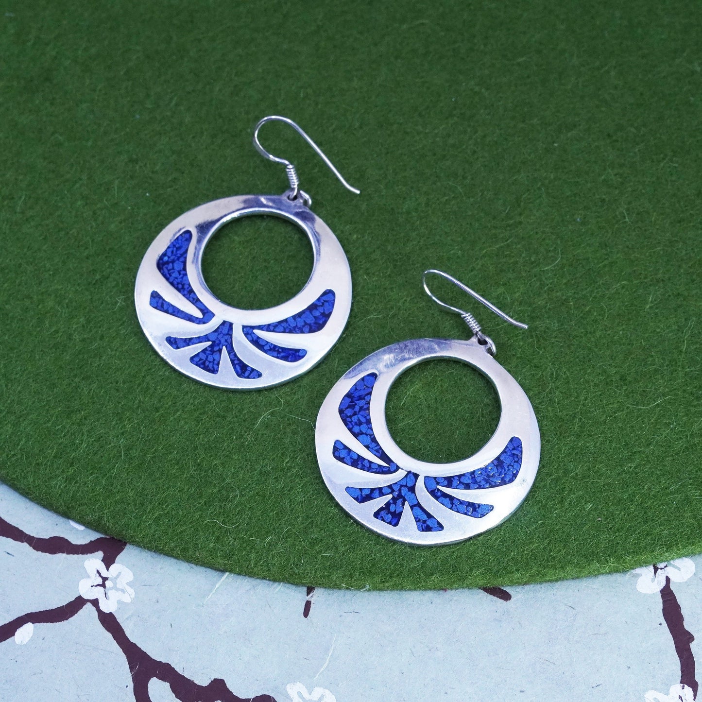 sterling silver handmade earrings, mexico 925 huge circle with turquoise bird