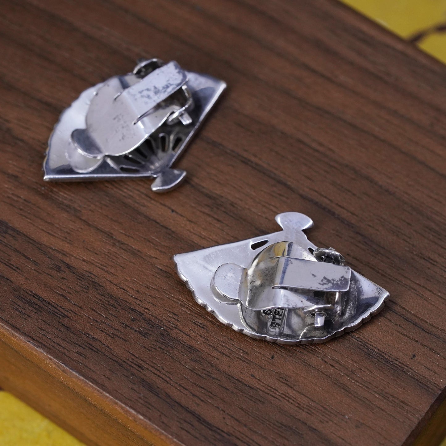 Siam sterling silver clip on, 925 India blue enamel fan earrings, niello silver