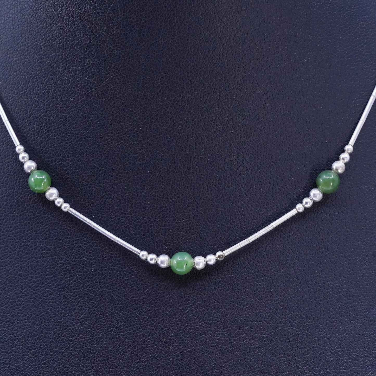 14", Native American Sterling 925 liquid silver handmade necklace jade beads