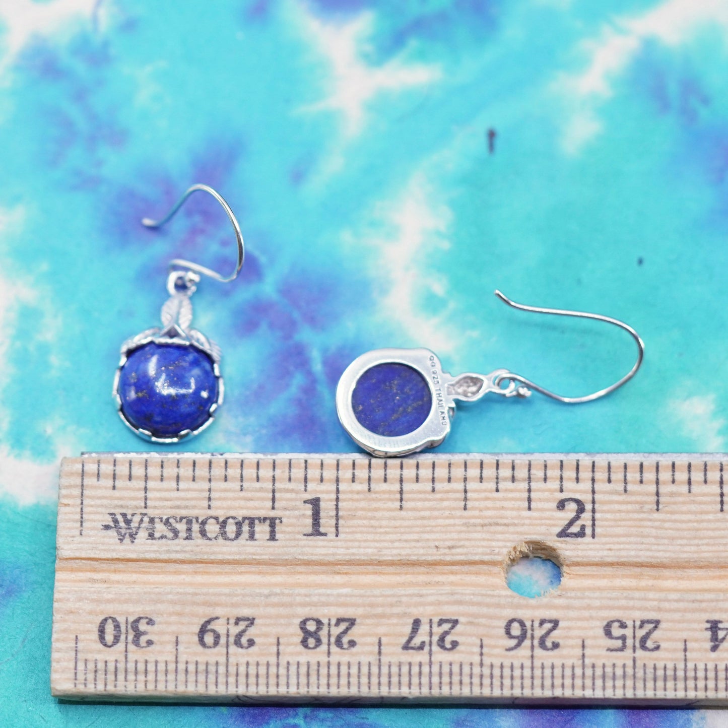 Vintage sterling 925 silver leafy earrings with lapis lazuli bead