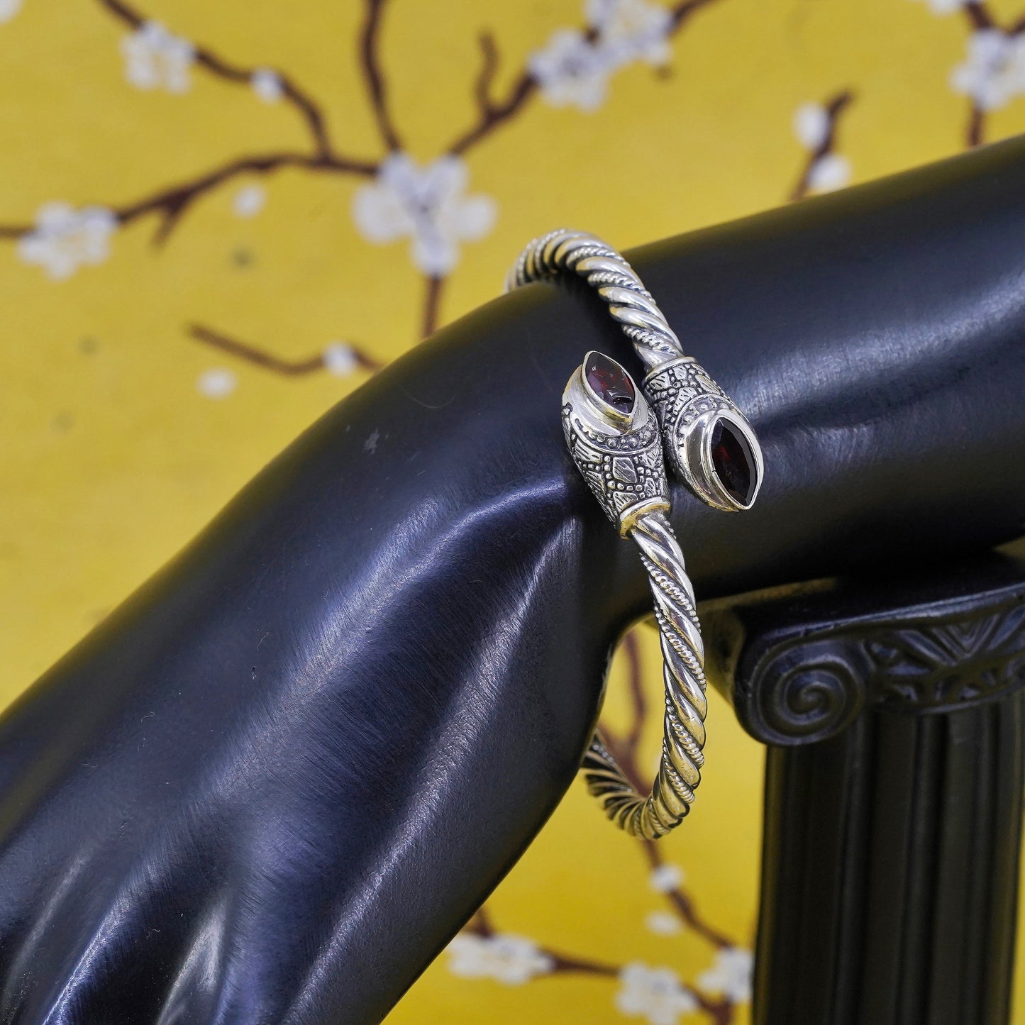 6.75", Vintage sterling silver bracelet, 925 silver cable bangle with ruby ends