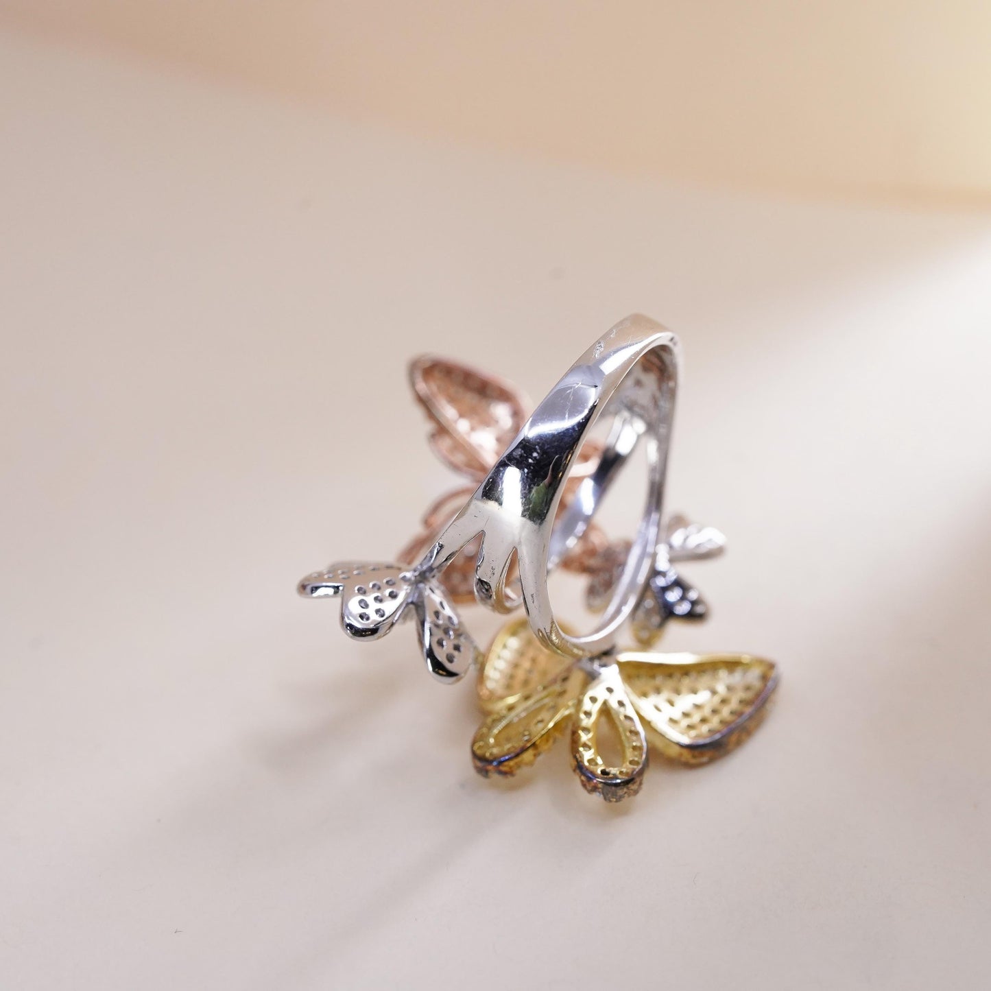 Size 9, Vintage sterling silver handmade statement butterfly ring cluster cz