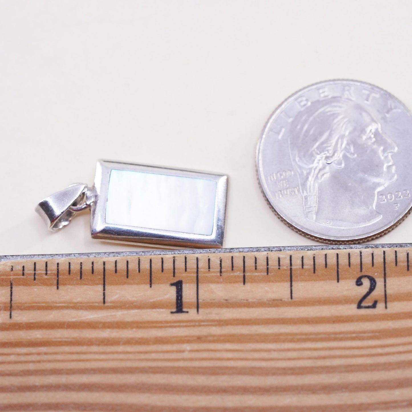 Vintage sterling silver pendant, 925 rectangular pendant mother of pearl inlay