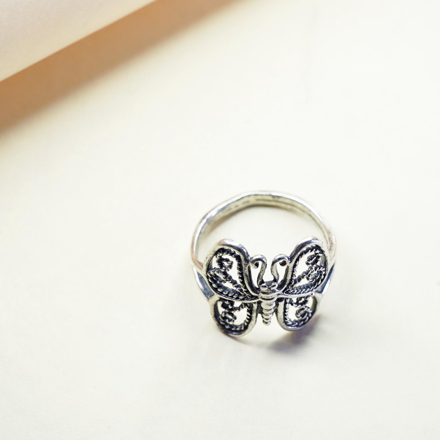 Size 7.25, vintage Sterling silver handmade ring, 925 filigree butterfly band