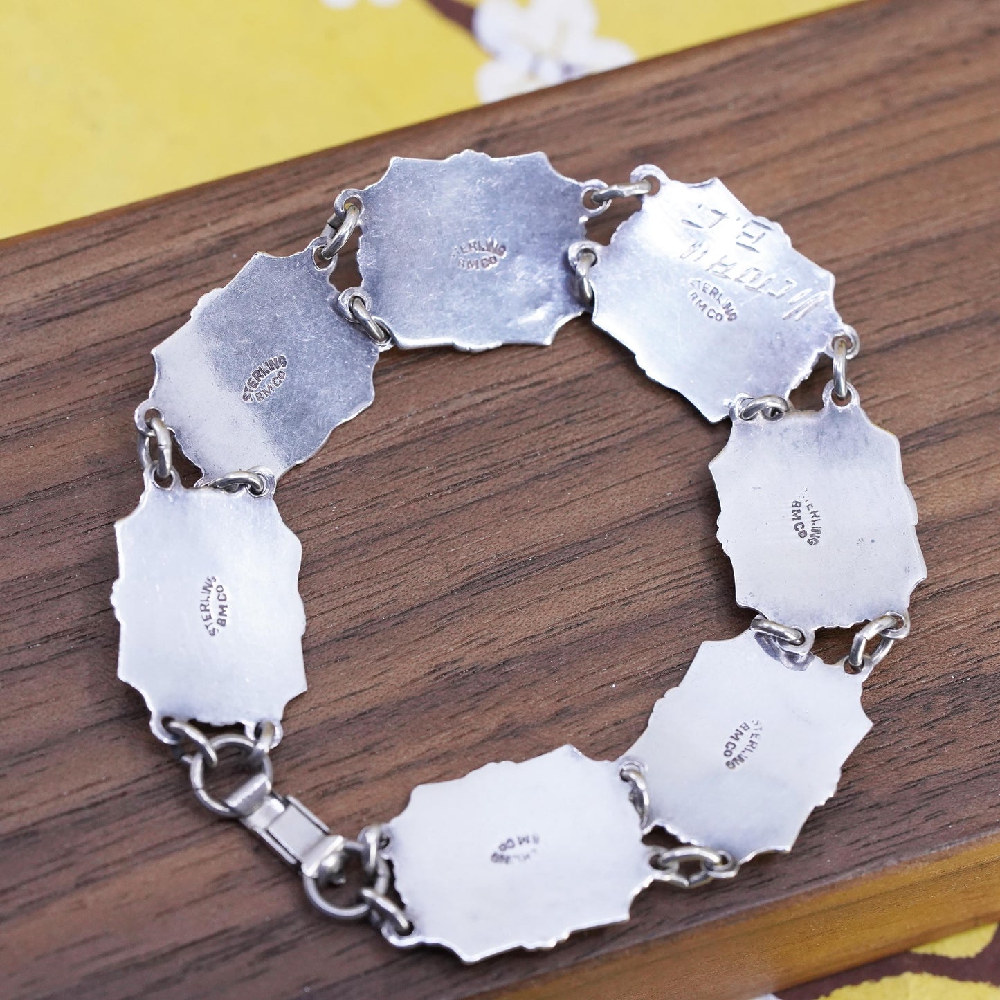 6.75”, vintage BMCO Sterling silver bracelet, 925 enamel maple leafy chain