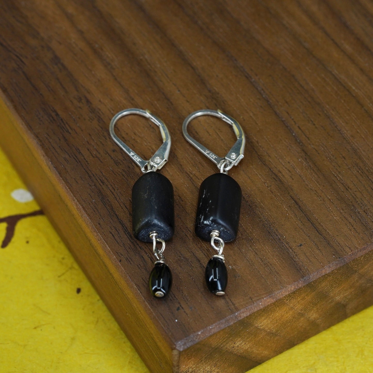 Vintage sterling 925 silver handmade earrings, with teardrop black stone dangle