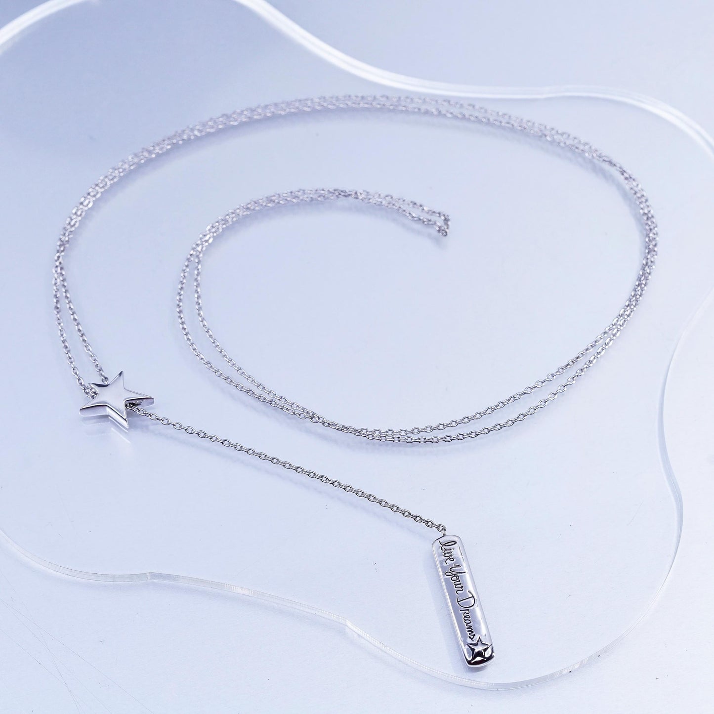 32", vintage Sterling 925 silver extra long necklace star tag live your dreams