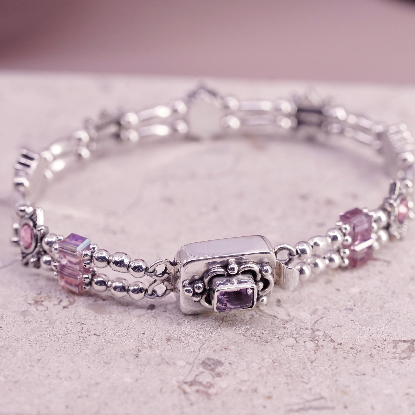 7.5", VTG Sterling 925 silver handmade tennis bracelet amethyst crystal beads