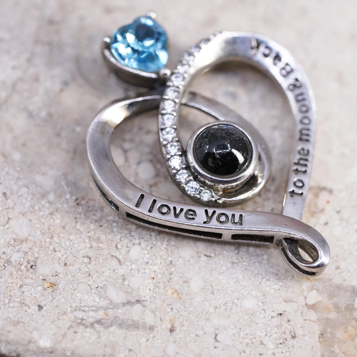 Vintage Sterling silver handmade pendant, 925 heart with blue cz I love you