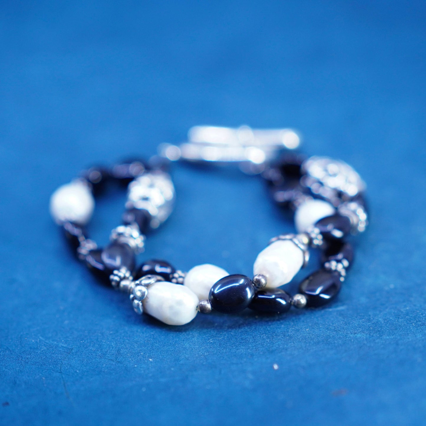 7”, vintage Sterling 925 silver handmade bracelet, obsidian and pearl beads