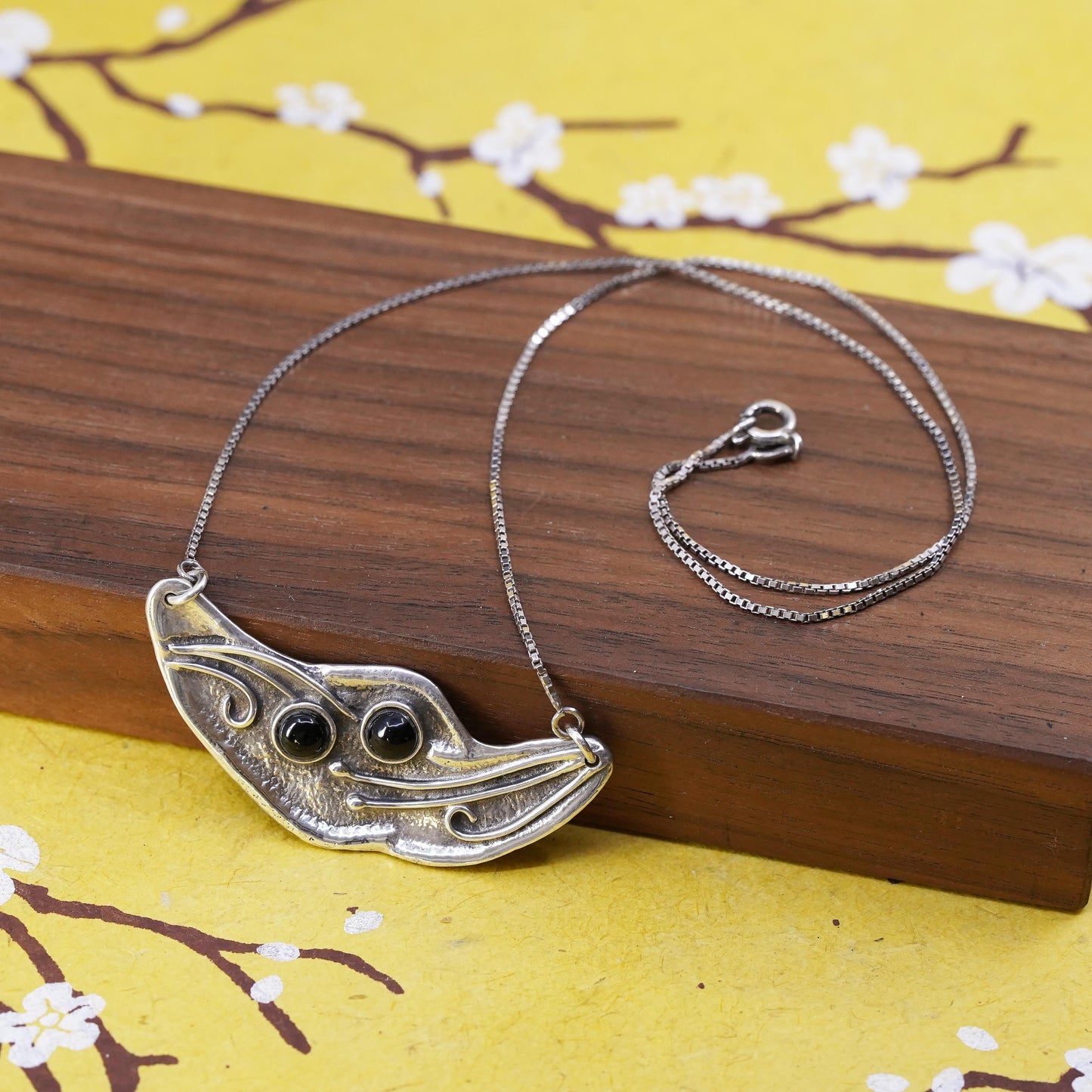 18”, vintage Addy Ronen Israel Sterling Silver Necklace, box chain onyx pendant