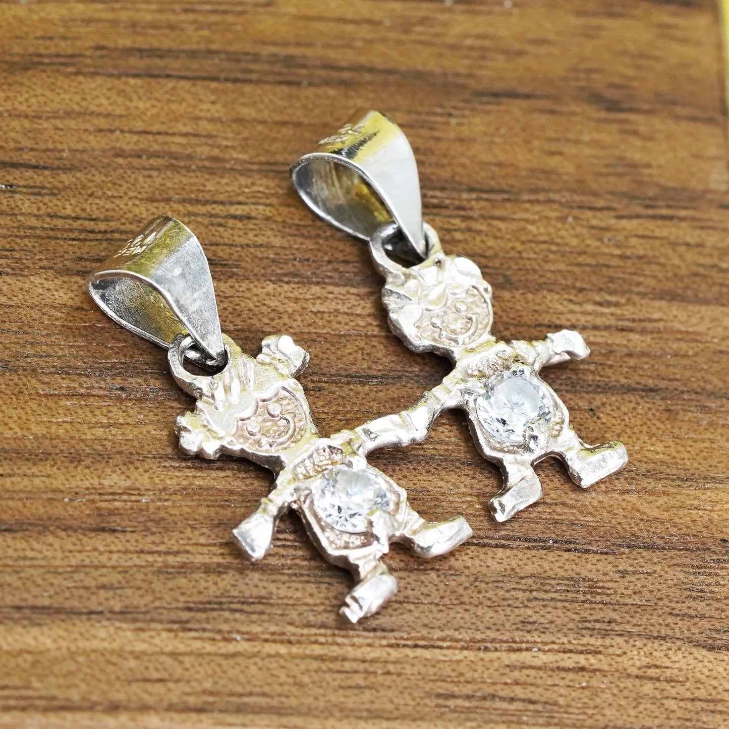 Sterling silver handmade pendant, 925 silver figure pendant, girl and boy cz