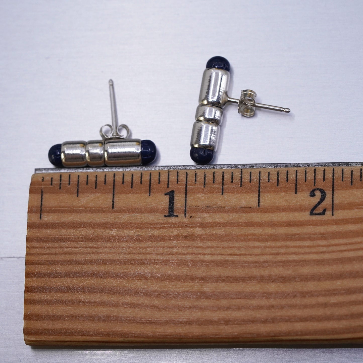 Vintage Sterling silver handmade earrings, Mexico 925 tube studs lapis lazuli