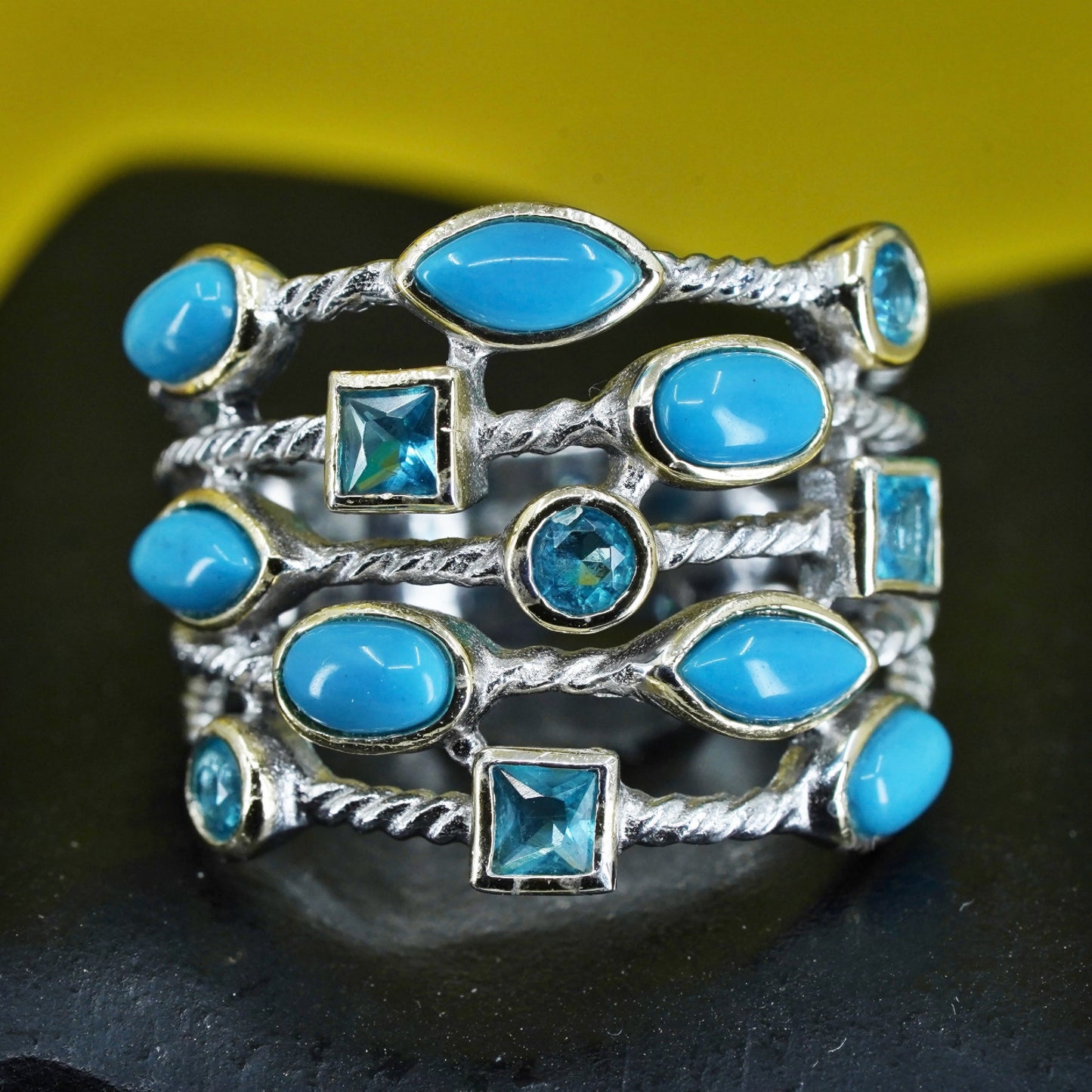 Size 8.5, Native American Sterling silver handmade ring turquoise blue crystal