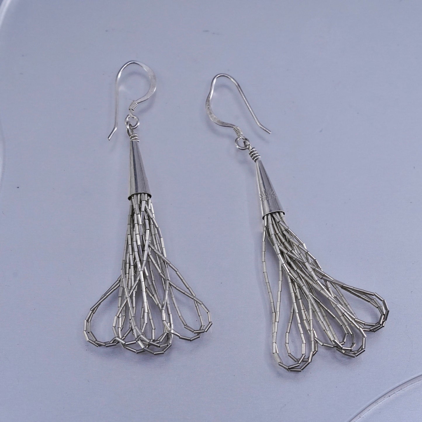 Vintage sterling 925 liquid silver handmade earrings with fringe drops