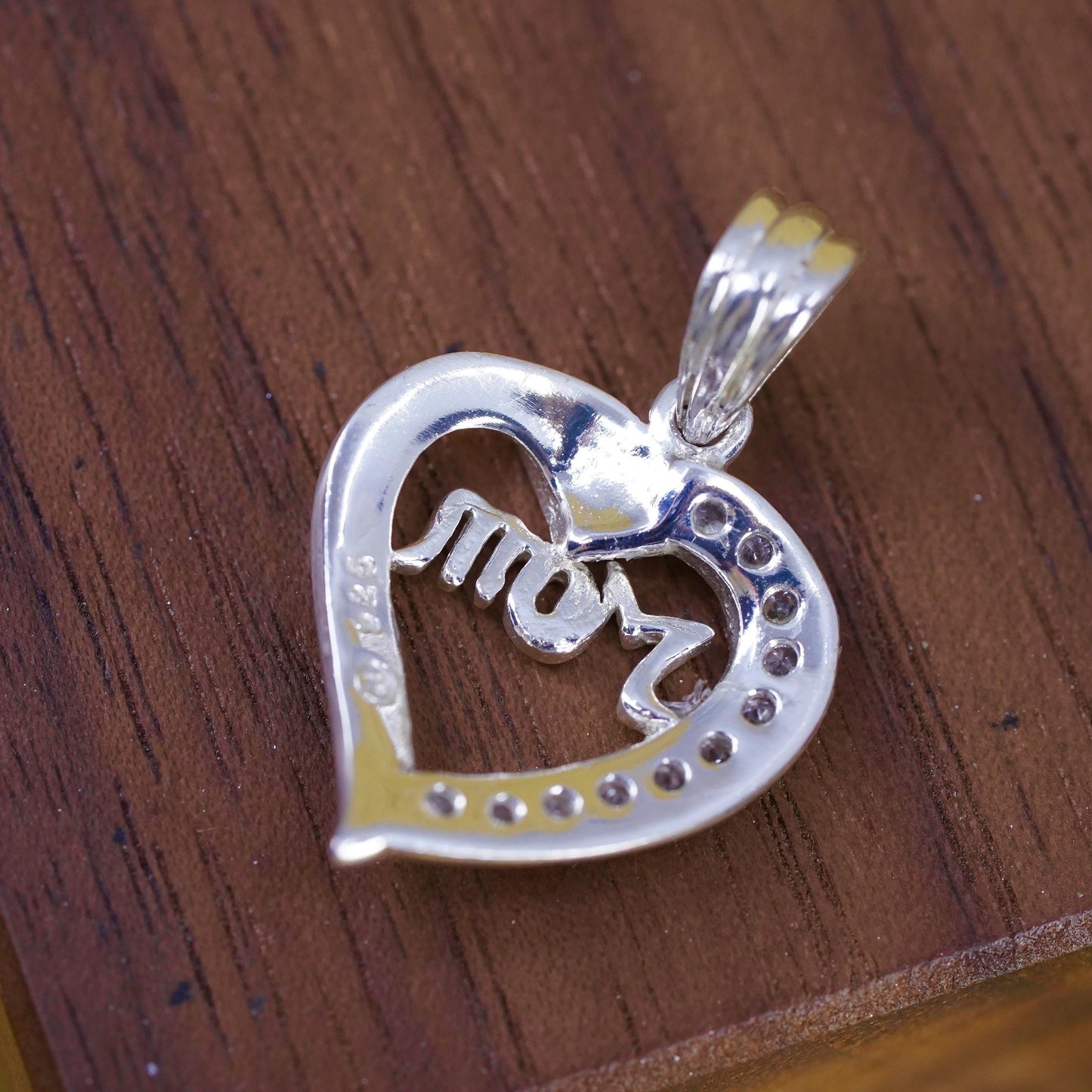 Vintage Sterling silver handmade pendant, 925 heart with “mom” and cz