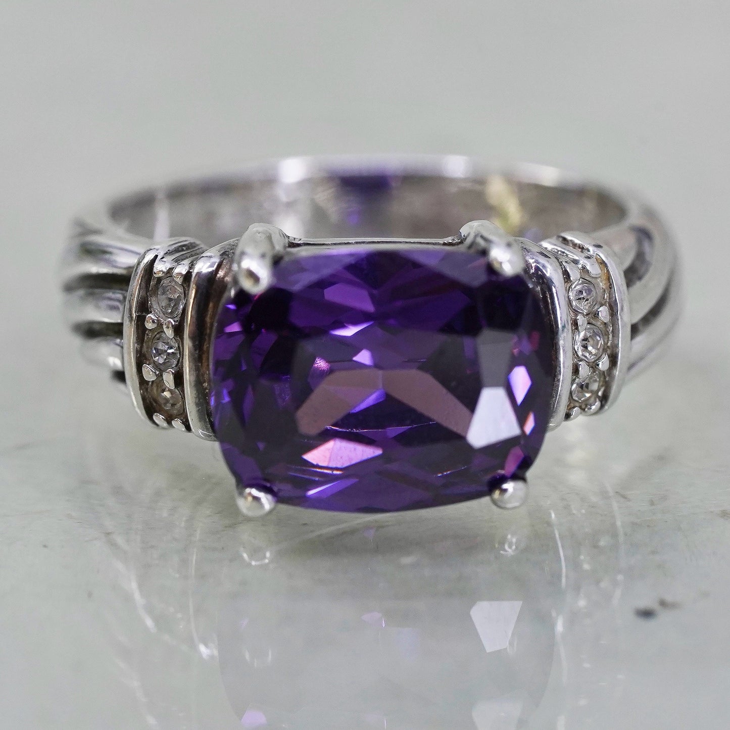 Size 5, vintage Sterling silver handmade ring, 925 with amethyst and Cz around