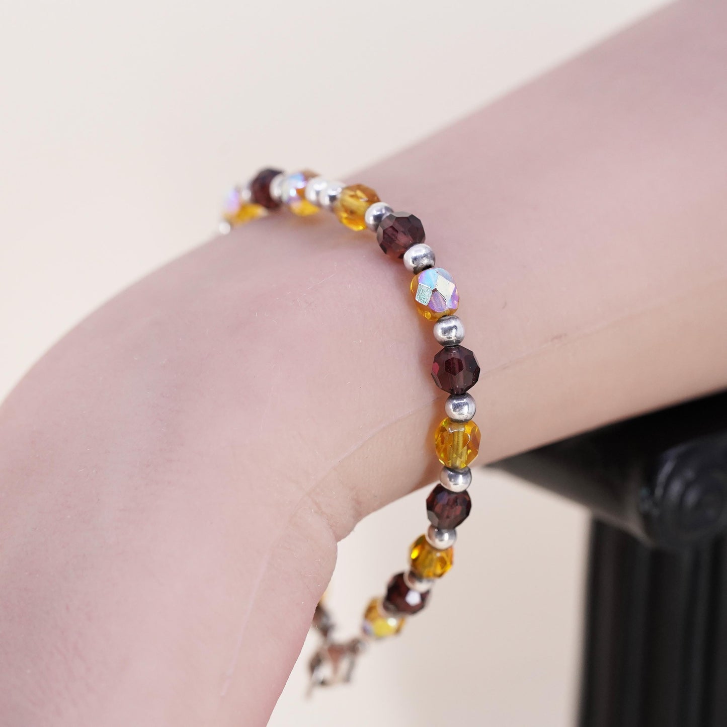 7.25”, vintage 925 Sterling silver handmade bracelet with garnet citrine beads
