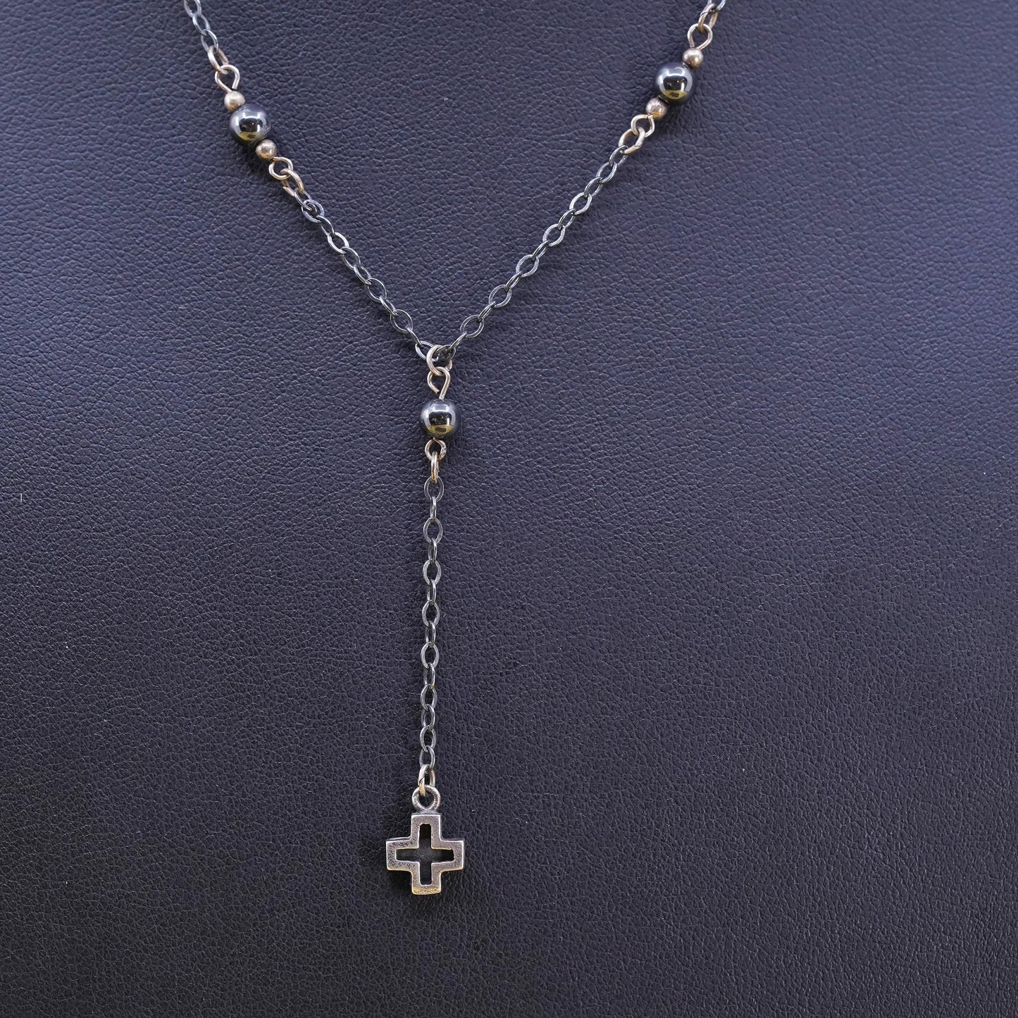 16”, Sterling 925 silver handmade circle silver chain with hematite beads cross