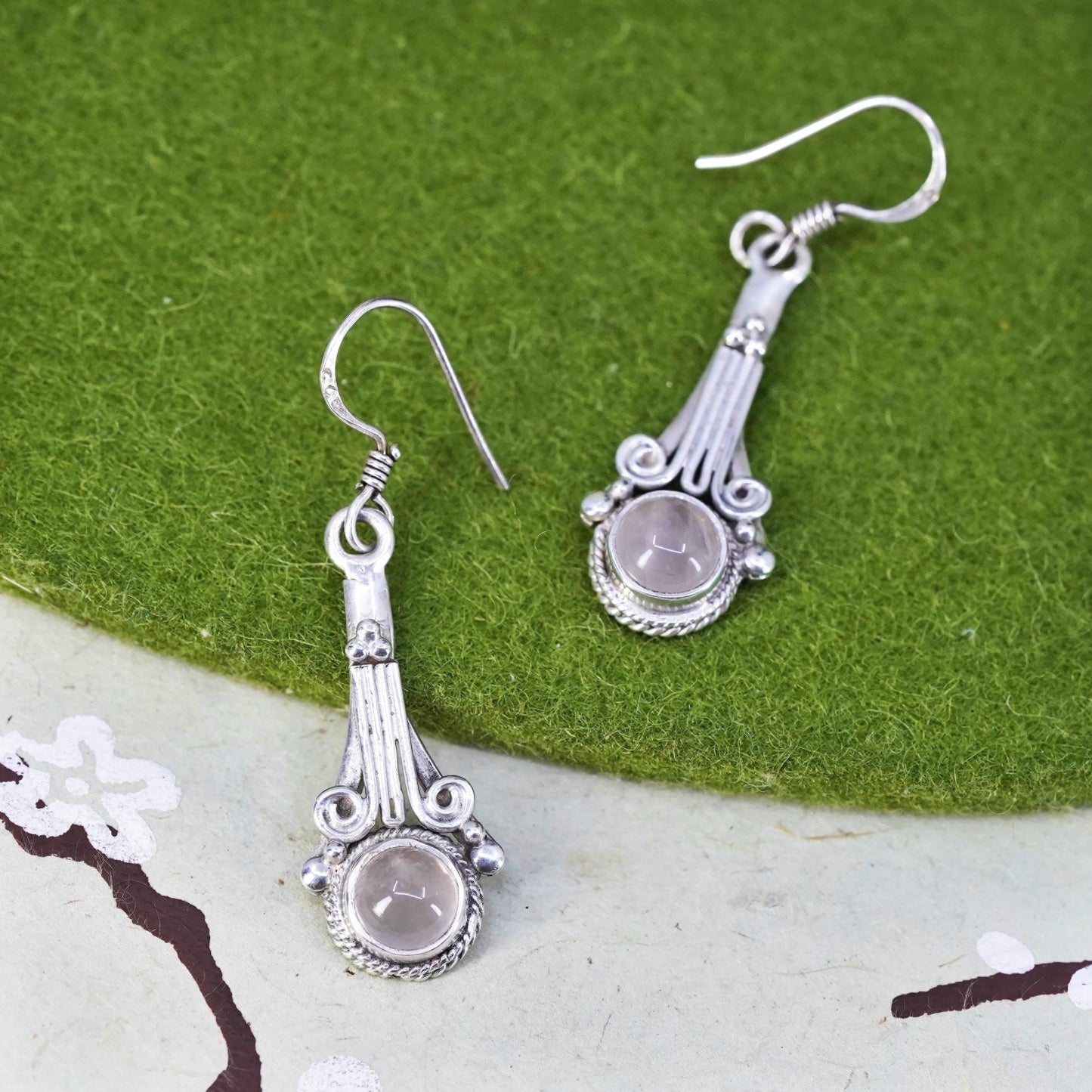 Vintage Sterling 925 silver handmade earrings with pink quartz and beads