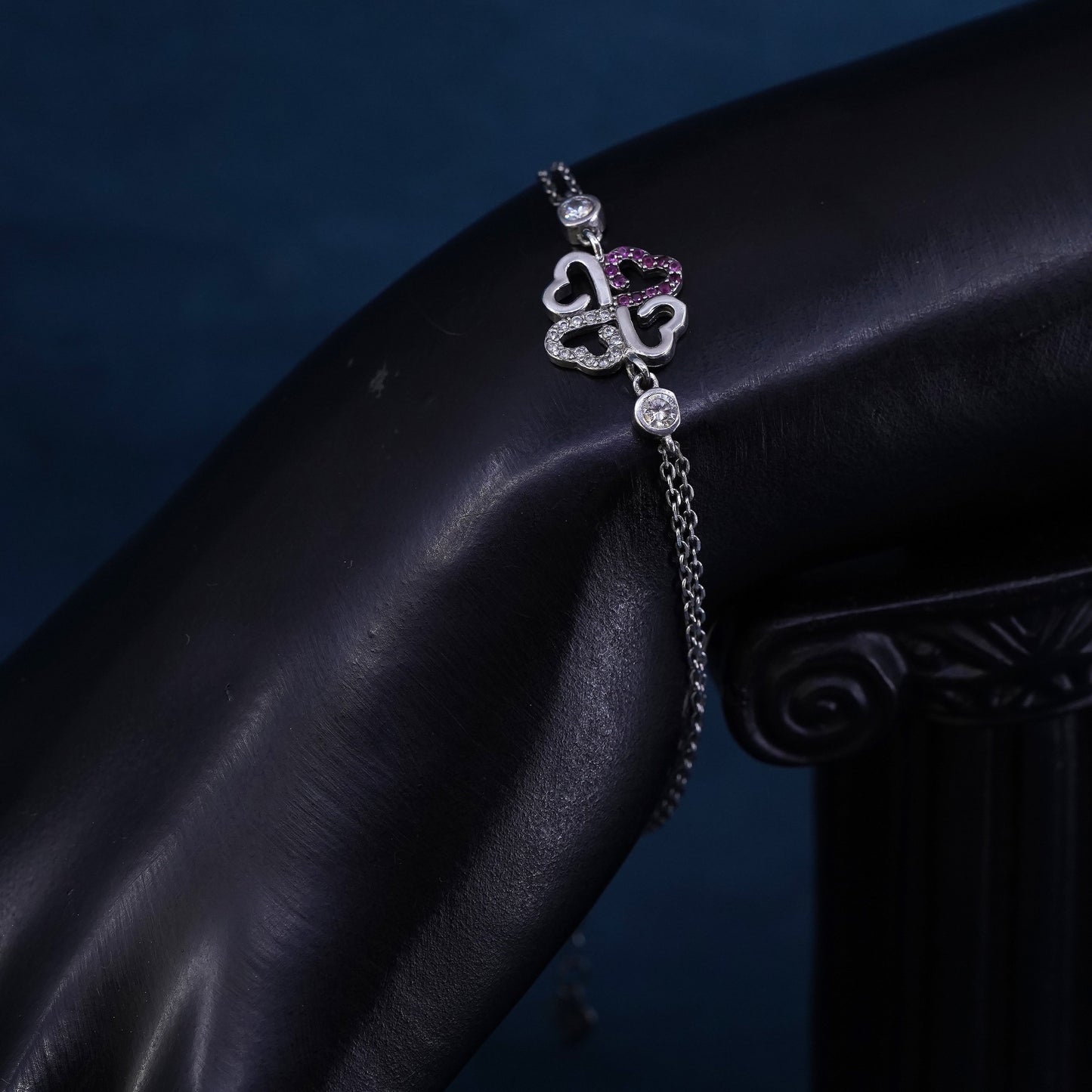 6.5+1", Sterling silver bracelet, multi strands 925 chain clover charm ruby